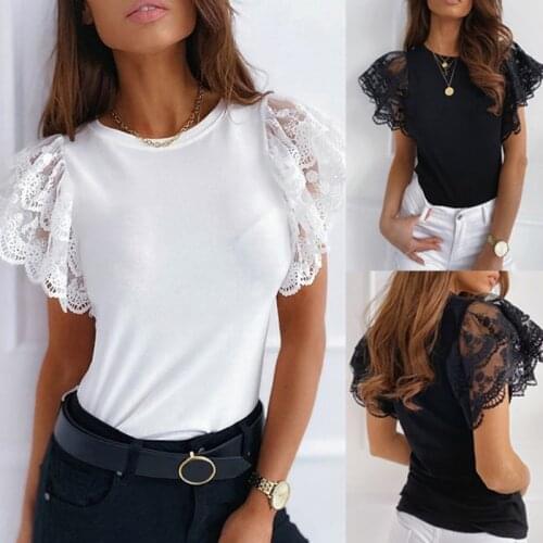 Mesh O-neck Patchwork Blouses Women 2020 Summer Office Lady Tops Woman Black White Solid Lace Petal Short Sleeve Female Blouse