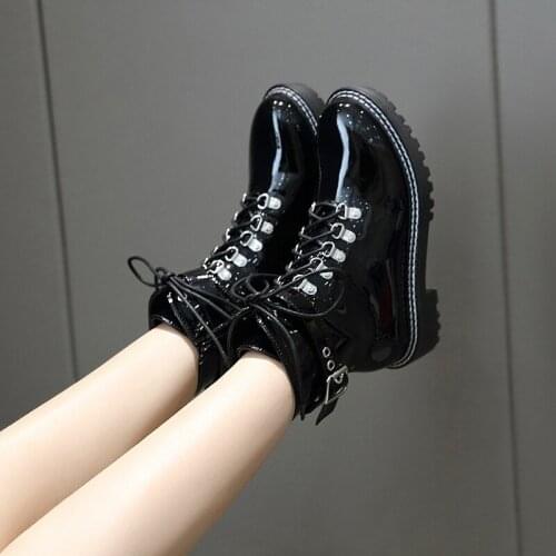 Black PU Leather Ankle Boots Women Autumn Winter snow Round Toe Lace Up Shoes Woman Fashion Motorcycle Platform Botas LJB251