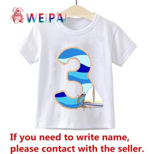 Boys Cute Little Blue Boat Number Cartoon T Shirt Children Happy Birthday Present T-shirt Boy&Girl Gift Kid Tshirt