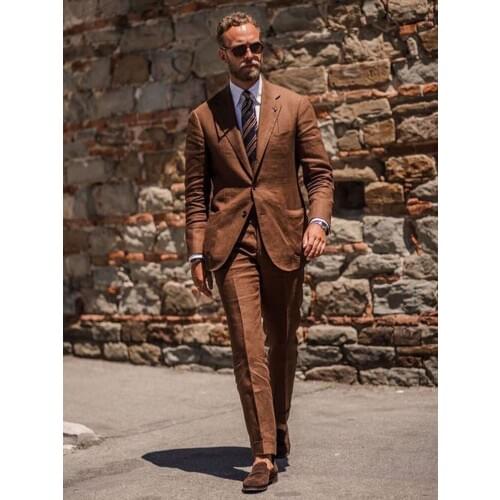 ANNIEBRITNEY Brown 2 Piece Men Slim Fit Business Linen Summer Suit 2020 Summer Groom Wedding Tuxedo Tailor Made Casual Men Suit