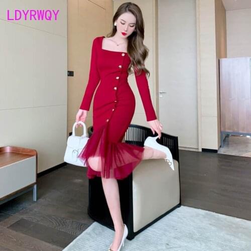 Red sexy square neck slim dress fishtail mesh medium length Office Lady Polyester Zippers Knee-Length