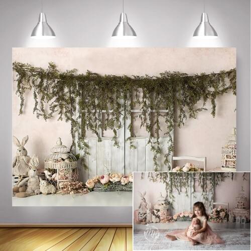 Rabbit Newborn Children Portrait Photo Background Pink Rose Door 1st Birthday Party Cake Table Backdrop Photocall Photography