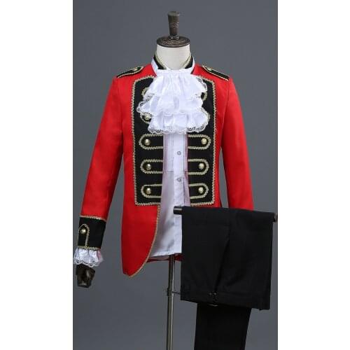 Fashion European Red and Black Border Court Performing Mens Red Princes Dresses Mens Suit Two Piece Set Coat Pant Red Suits