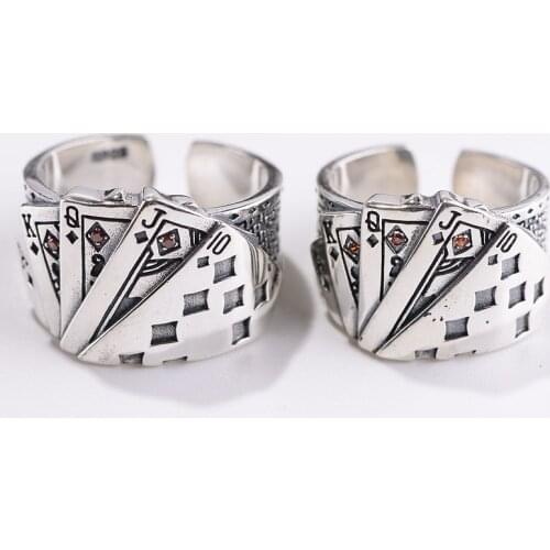 Real S925 Sterling Silver color Poker Ring New Fashion Punk Thai Silver color Open Rings for Women Jewelry Adjustable Size