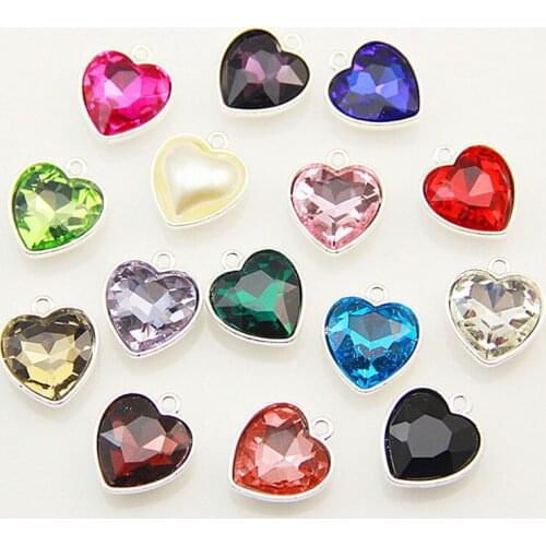Wholesale 60pcs/Lot Silver Tone Alloy Crystal Rhinestone Heart Charms Colorful DIY Jewelry Earring Necklace Pendant 14mm