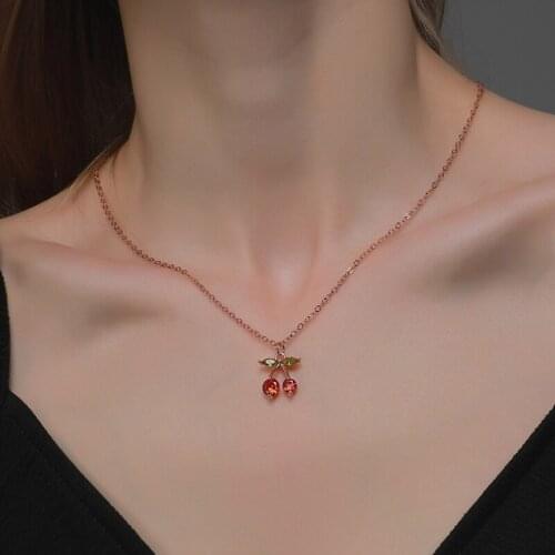 Zircon Fruit Sweet Little Cherry Necklace Pendant Necklace Winter Wild Sweater Chain For Women Copper Inlaid