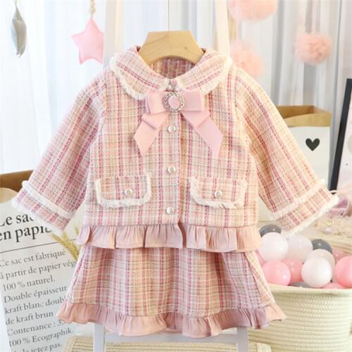 Baby Girls Fashion Clothing Set Classic Plaid Lace Jackets+skirts Kids Toddlers Spring Autumn Winter Elegant Suits Child Clothes