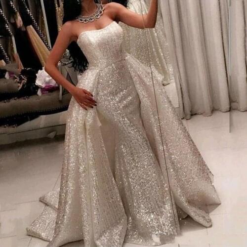 2020 Silver Sequined Luxury Prom Dress African Evening Dresses Sweetheart Mermaid Red Carpet Gowns With Detachable Train