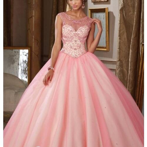 Pink Cheap Quinceanera Dresses Ball Gown Cap Sleeves Tulle Beaded Puffy Sweet 16 Dresses