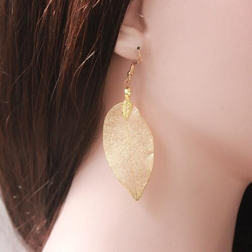 1 Pair Boho Real Leaf dangle earrings Gold leaf Earrings Silver Color Rose Gold Color Drop Earring For Women