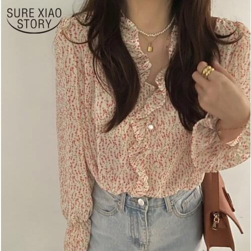 Chic Hot Vintage Print Ruffles Flare Sleeves Shirt Romantic French Retro V-neck Chiffon Blouse Women Sweet Puff Sleeve Top 10115