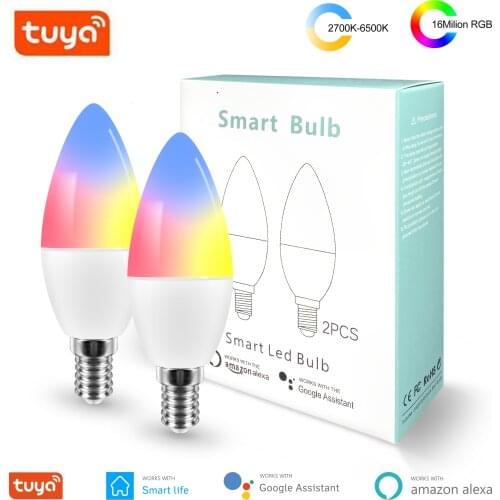 NEW Tuya Smart Wifi LED Bulb E14, RGB Dimmable Light Bulb Work with Alexa Echo Google Home Assistant, No Hub Required, 2 Packs
