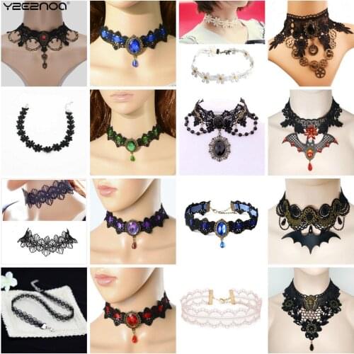 Vintage Palace Gothic False Collar Black Beads Gem Hollow Flowers Lace Bib Necklace & Pendants Short Choker Necklaces Women