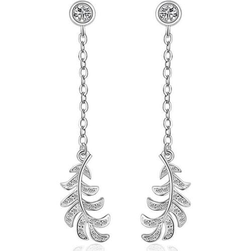 High Quality Lovely Leaf Shape 925 Sterling Silver Long Chain Stud Earring With Shiny Cubic Zirconia Women Jewelry