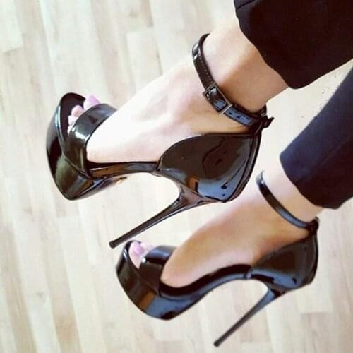 Sexy Black Patent Leather Platform Shoes Peep Toe Buckle Strap Stiletto Heels Sandals Cut-out Women Summer Dress Shoes Size 10