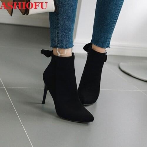 ASHIOFU Handmade Hot Sale New Ladies High Heel Boots Faux-suede Butterfly-knot Party Prom Ankle Booties Winter Fashion Boots