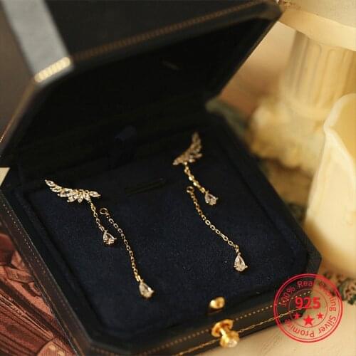 925 Sterling Silver Angel Wings Tassel Stud Earrings Women 14k Gold Inlaid Crystal Long Earrings Wedding Party Jewelry Gift