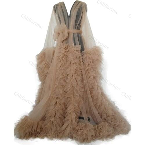 Ladies Dressing Gown Perspective Sheer Long Tulle Robe Puffy Pregnancy Photoshoot