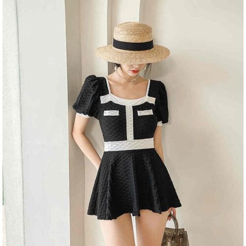 Korean Swimsuit Female Conservative Puff Sleeve One-Piece Skirt Bikini 2021 New Sexy Seaside Temperament Simple Craft Swimwear