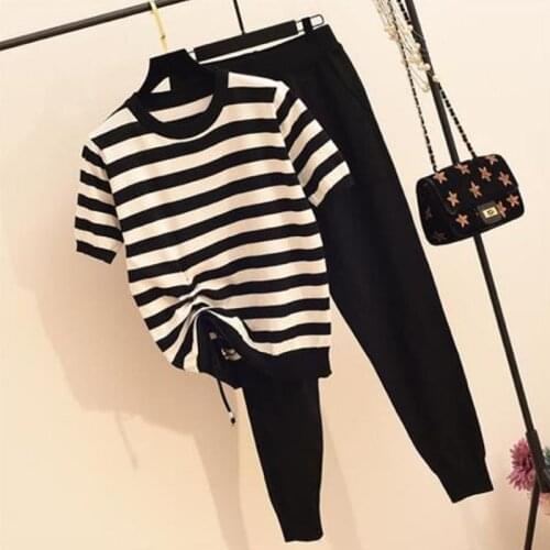 Summer short sleeve stripe Drawstring knitted Tracksuit women O neck Thin Knitwear T-shirts+Harem pants sets casual slim suits