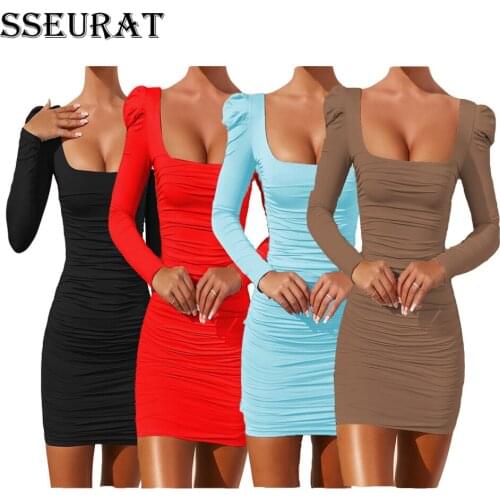 SSEURAT High Waist Lantern Long Sleeve Stacked Draped Midi Bodycon Dress for Women Sexy Club Party Night U-neck Backless Dresse