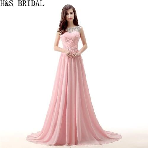 H&S BRIDAL H&S BRIDAL Sheer Neck Chiffon Black Evening Dress Crystal Beaded Draped Pink evening party 2020 Prom robe de mariage