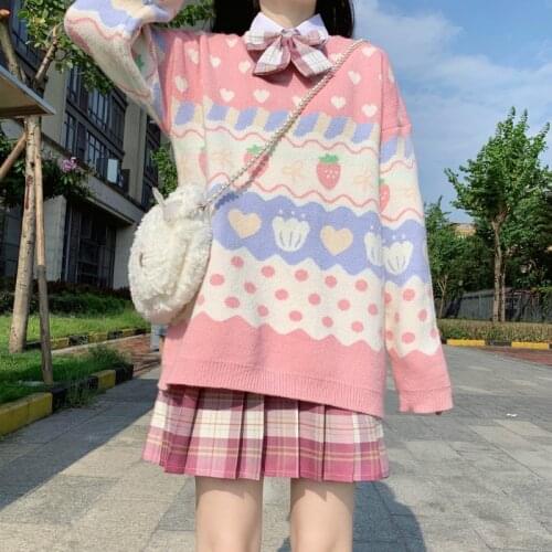 Winter Sweet Pink Knitting Tops Japanese Kawaii Knitted Sweater Women Cute Strawberry Printing Long Sleeve Pullover Girl New