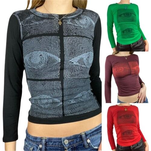 2K Harajuku Gothic T-shirt E-girl Aesthetic Long Sleeve o Neck Vintage Summer Tops Slim Fit Tees Tops Streetwear Vintage Women