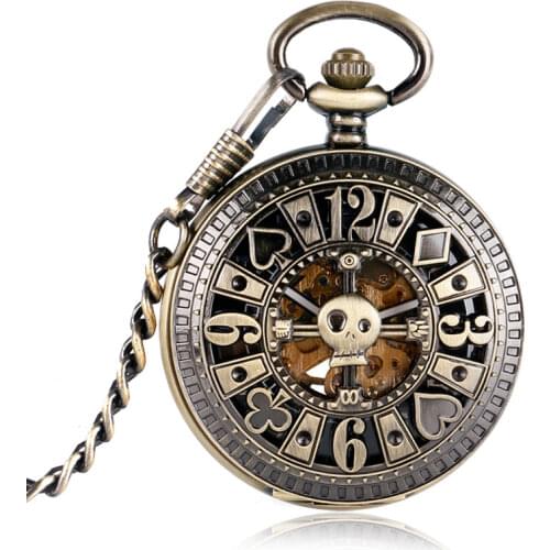 Automatic Mechanical Pocket Watch Vintage Bronze Poker Hollow Skull Copper Chain Skeleton Steampunk Black Dial Men Women Gift