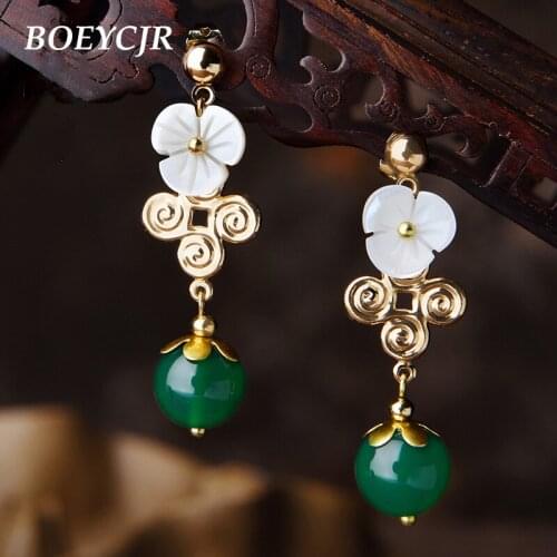 BOEYCJR Ethnic Vintage Elegant Green Stone Bead Tassel Dangle Earrings Fashion Jewelry Shell Flower Drop Earrings For Women