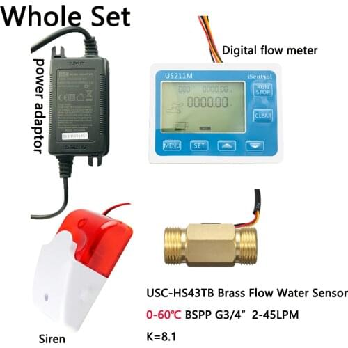 China Digital Flow Meter G3/4" US211MA Pipe Water Suspend Alarming System & USC-HS43TB 2-45LPM Brass Flowsensor
