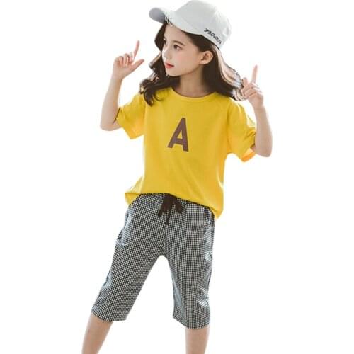 Teen Girls Summer Clothing Letter Tshirt + Short Tracksuits For Girls Plaid Pattern Kids Girls Clothes Casual Style Kids Clothin