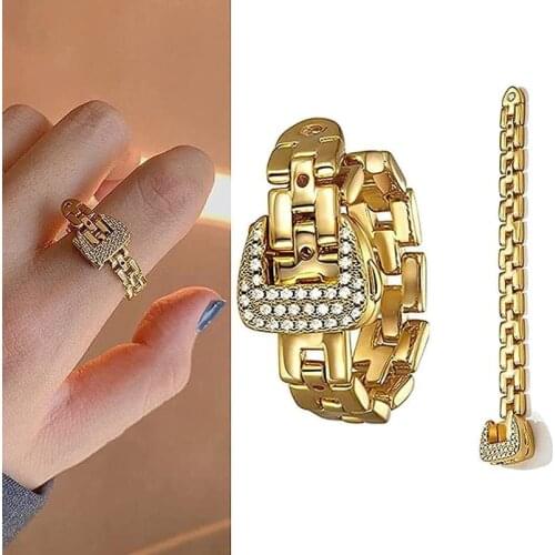 Adjustable Belt Buckle Zircon Rings Detachable Metal Soft Chain Ring Luxury Statement Finger Rings For Women Men Jewelry Gifts