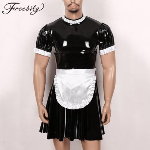 Mens Sissy Maid Sexy Cosplay Costume Short Sleeve Patent Leather Flared Dress with Apron Crossdressing Roleplay Servant Uniform