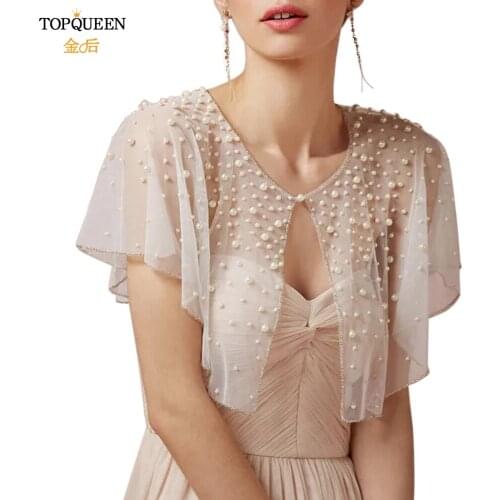 TOPQUEEN G31 Beaded Cape Bridal Jackets for Wedding Dress Pearls Beaded Piping Round Neck Ripple Cape Bridal Shawl Ladies Bolero