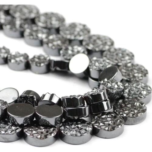 YHBZRET Natural Stone Carving Coin Black Hematite beads 8/10/12MM Flat round Spacer Loose beads For Jewelry making bracelet DIY