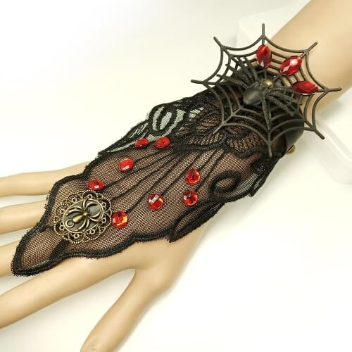 New Holloween Jewelry Black Spider on Cobweb Vintage Lace Leather Bracelet for Girls
