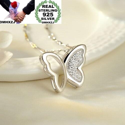OMHXZJ Wholesale European Fashion Woman Girl Party Wedding Gift Butterfly Zircon 925 Sterling Silver Necklace Pendant Charm CA77