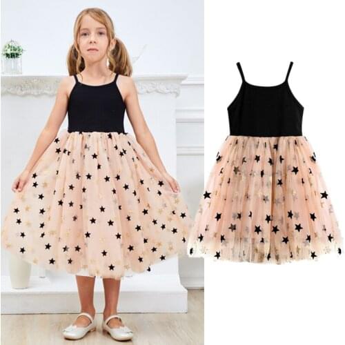 Summer Sleeveless Sling Princess Dress For Girls Patchwork Star Sequined Tutu Birthday Party Gown Toddler Kids Children Clothing