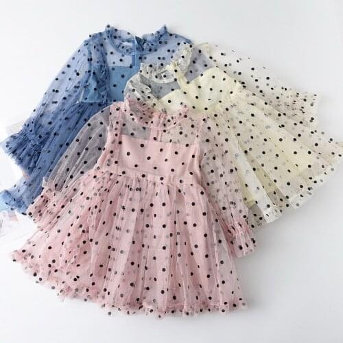 Polka Dot Girl Princess Dress 2020 New Bow Collar Yarn Tulle Long Sleeve Summer Dresses 2-6Years AH175