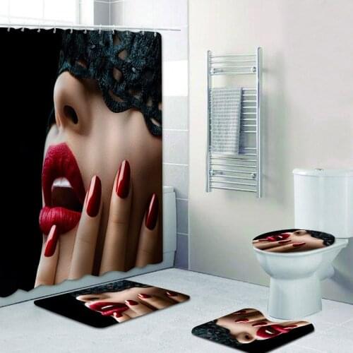 Stylish Black Sexy Girls Red Nails Lips Women Bathroom Shower Curtain Set Waterproof Curtain with Non Slip Bath Rug Carpet Mat