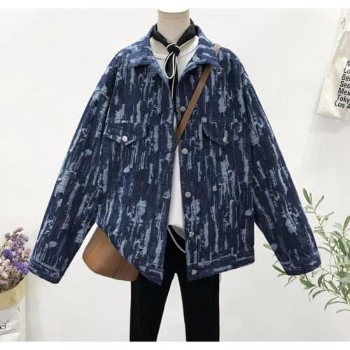 Spring Fall 2021 Womens Blue Frayed Hole Denim Jacket Korean Loose Oversized Single-breasted Long sleeves Jeans Jacket Female