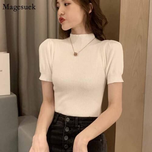 Women 2020 Solid Half Turtleneck O Neck Short Puff Sleeve Summer Knitted Shirts Female Loose Casual Cotton Ladies Top 10375
