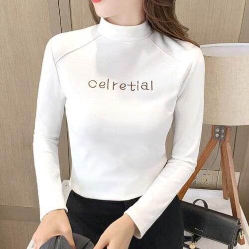 T-shirt for Women Winter Letter Embroidered Casual High-necked Long sleeve T-shirt Female Plus velvet Tee Top Slim 2021