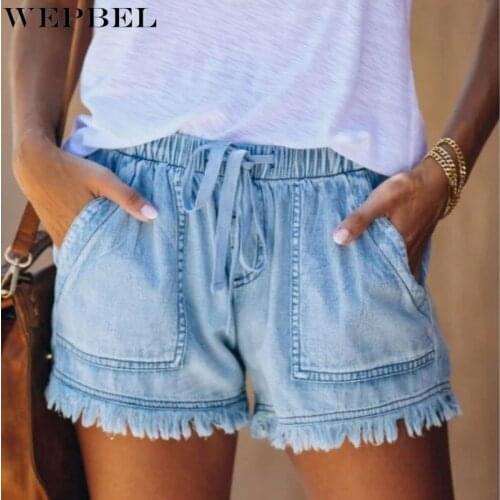 WEPBEL Womens Summer Fashion Pocket Tassel Denim Shorts Casual Drawstring Shorts Solid Color Elastic Waist Shorts