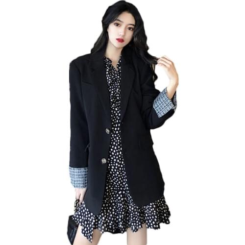 Spring Autumn Blazers 2021 New Korean Temperament Stitching Small fragrance wind cuff Suit Jacket Female Black Blazer Coats M133