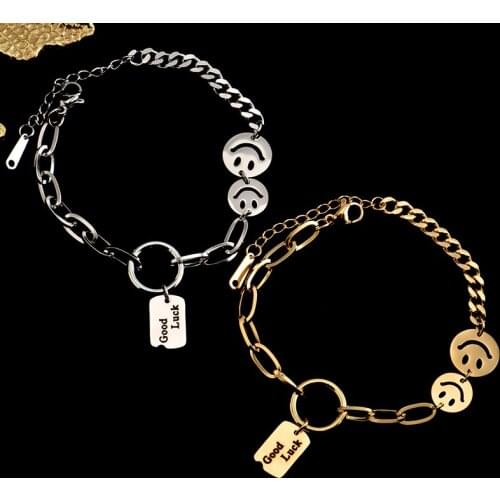 Colorfast 316L stainless steel new fashion thick chain bracelet smile good luck sweet pendant sweet lovely gift for ladies