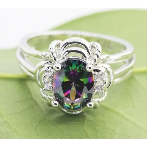 Lingmei Dropshipping Women Wedding Oval Multi & White & Sea blue Cubic Zircon Silver Color Sterling Ring Size 6 7 8 9 10 11