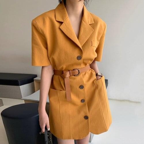 2021 Women Sexy Mini Dress Summer Short Sleeve Vintage Single Breasted Sashes Robe Korean Elegant Ladies Office Dresses Vestidos