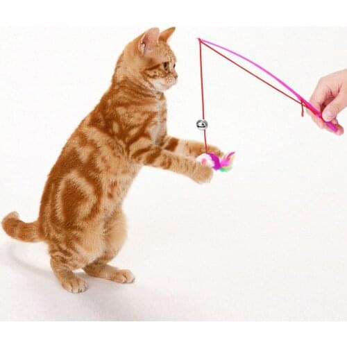 1PC Pet Cat Toys Interactive Retractable Dangle Faux Mouse Rod Bell Toy Colorful Feather Wand Teaser Rod for Cats Supplies
